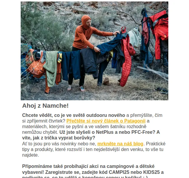 Namche: Patagonia materiály NetPlus a PFC-Free – červenec 2026 | Nuslet.cz