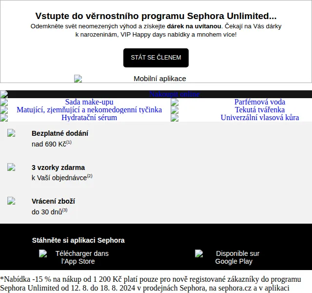Sephora: Sleva 15 % pro nové členy programu Unlimited – červen 2026 | Nuslet.cz