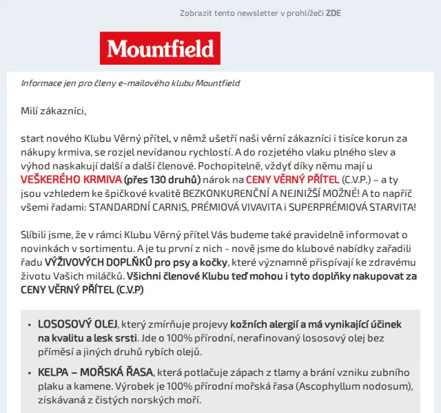 Mountfield: Klub Věrný přítel – slevy na krmivo až 38 % – červen 2026 | Nuslet.cz