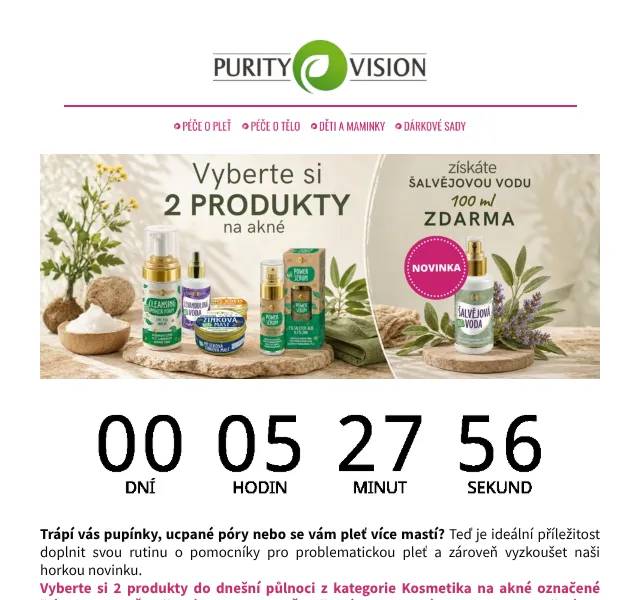 PURITY VISION: 2+1 Zdarma na akné pleť – září 2026