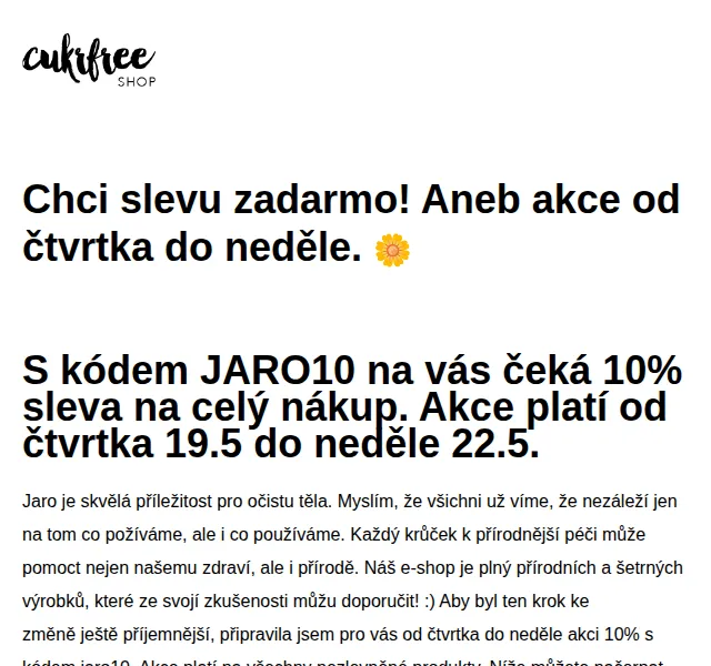 Cukrfree Shop: 10% sleva na celý nákup – červen 2026 | Nuslet.cz