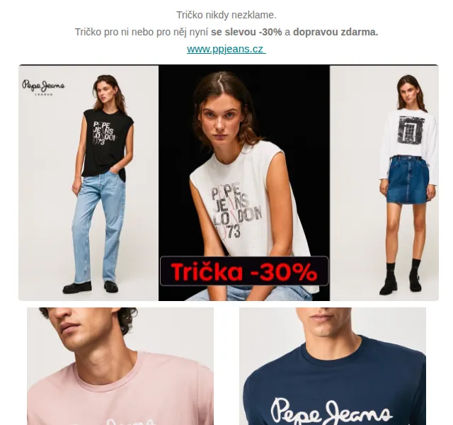 Pepe Jeans: sleva 30 % na trička + doprava zdarma – červen 2026 | Nuslet.cz
