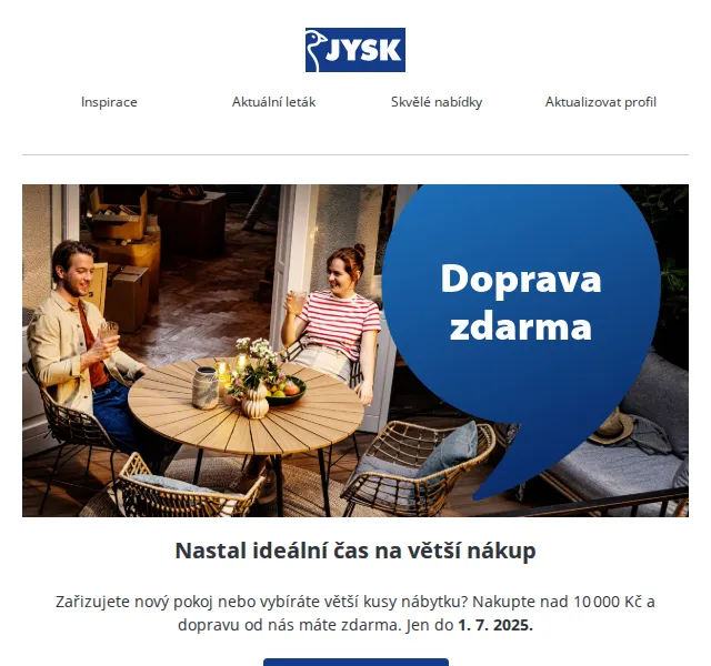 JYSK: Doprava zdarma nad 10 000 Kč a výprodej zahradního nábytku – červen 2026 | Nuslet.cz