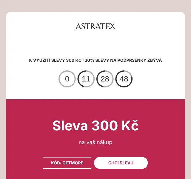 Astratex.cz: 300 Kč + 30 % sleva na podprsenky – květen 2026