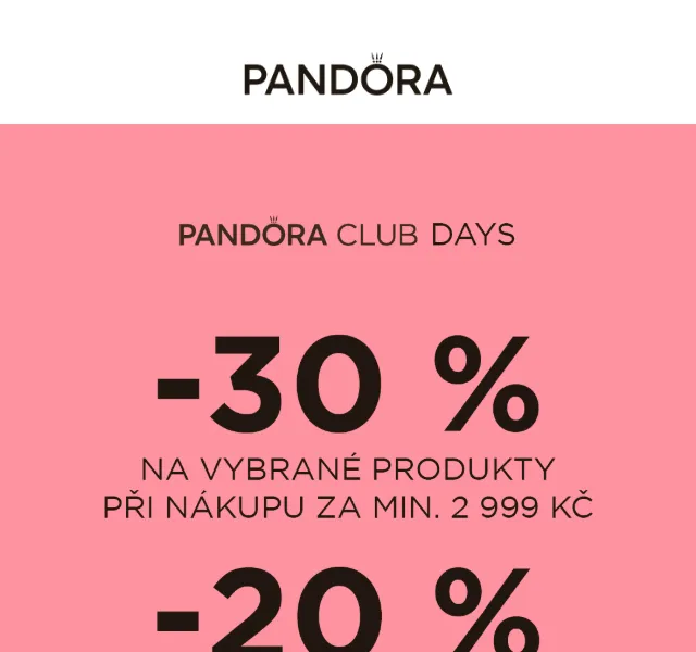 Pandora: 30 % sleva Club Days – srpen 2026