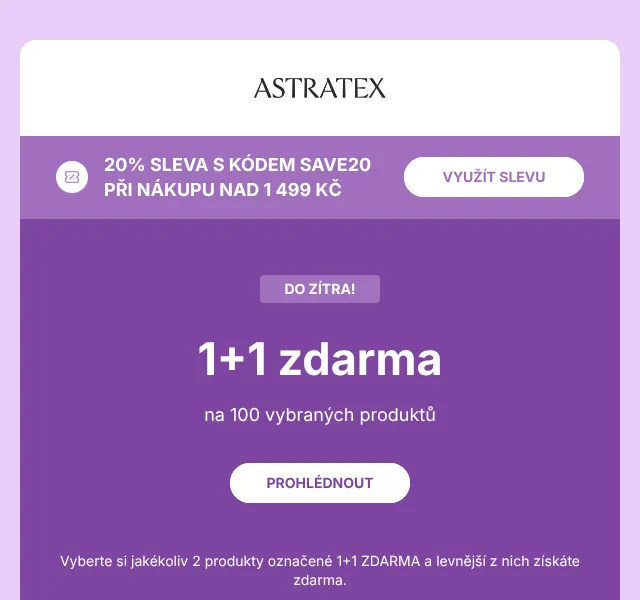 Astratex.cz: 1+1 zdarma + 20 % sleva – srpen 2026