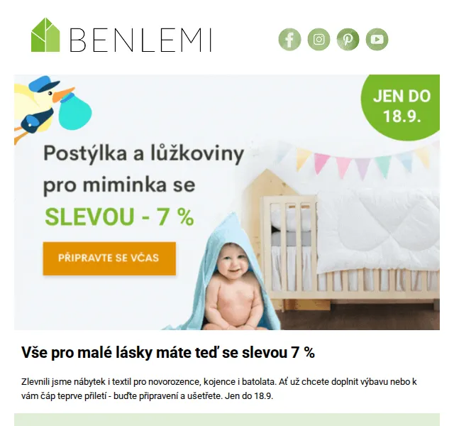 Benlemi: Dětské postýlky a textil se slevou 7 % – září 2026 | Nuslet.cz