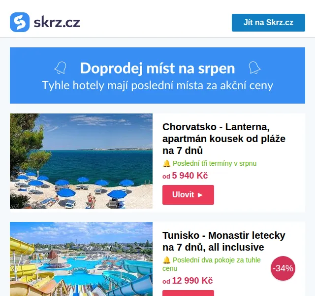 Doprodej míst na Skrz.cz – last minute Srpen 2026 | Nuslet.cz