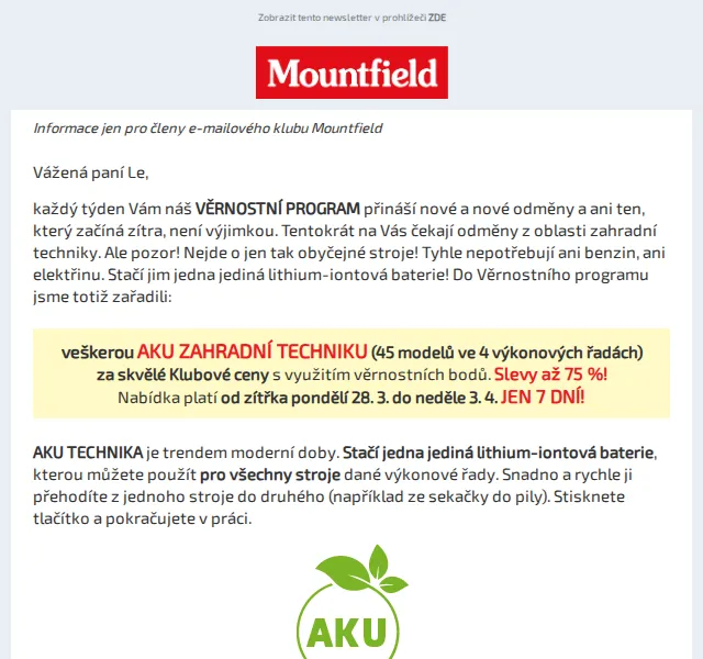 Mountfield: AKU zahradní technika slevy až 75 % – březen 2026 | Nuslet.cz