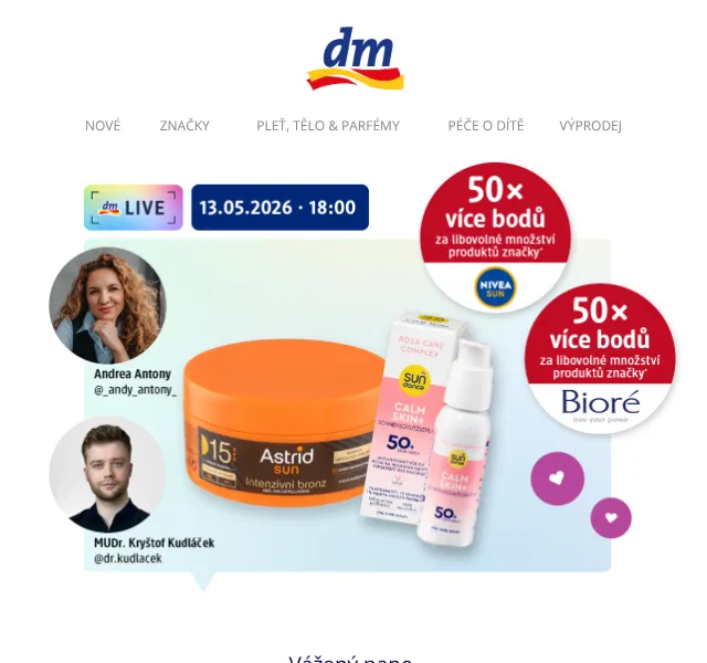 dm Drogerie: 50× body na NIVEA SUN a Bioré – květen 2026