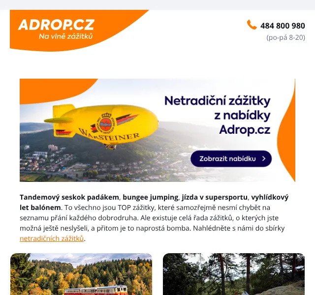 Adrop.cz: Zážitkové dárky a netradičné zážitky – duben 2026