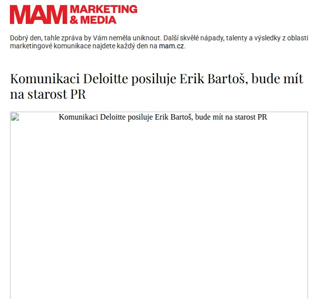 Marketing & Media: Erik Bartoš nastupuje do Deloitte – červen 2026 | Nuslet.cz