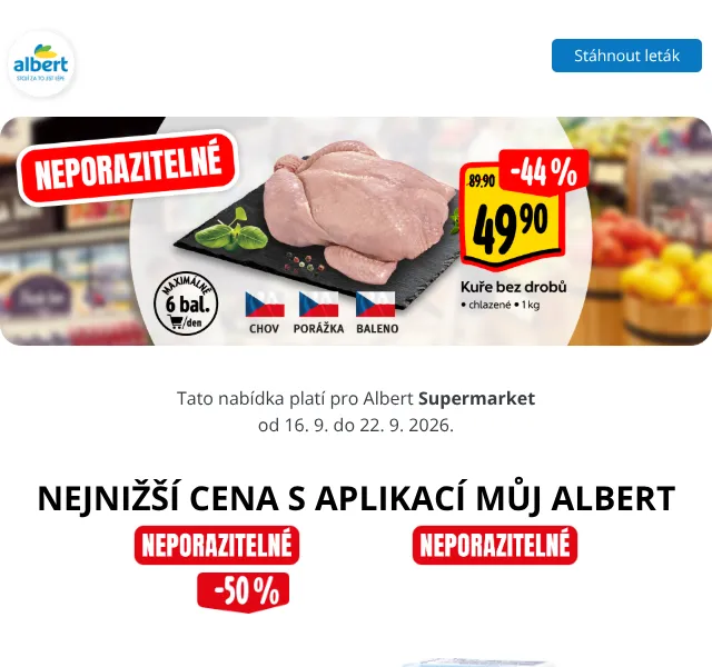 Albert: Kuře 49,90 Kč/kg, máslo 24,90 Kč – září