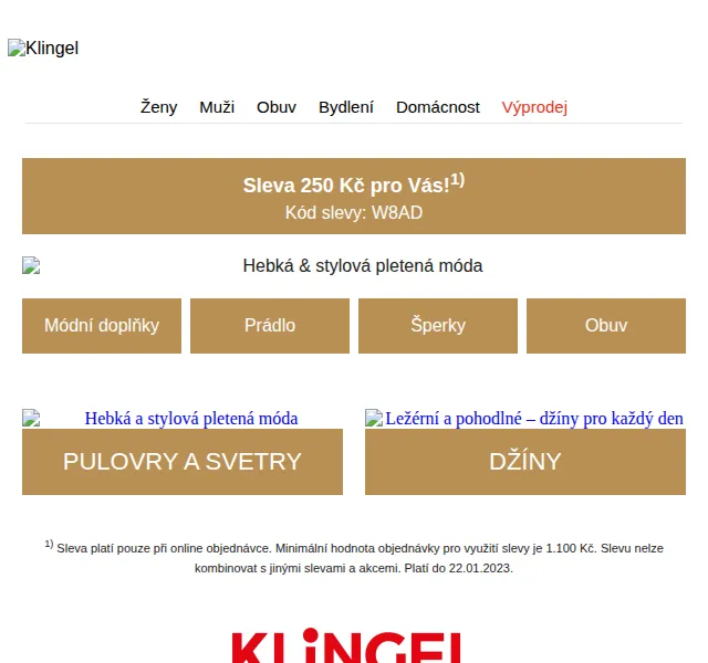 KLiNGEL: Sleva 250 Kč na pletenou módu – červenec 2026 | Nuslet.cz