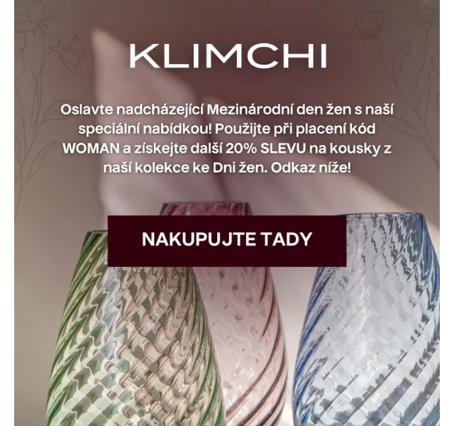 KLIMCHI: sleva 20 % na ručně foukané sklo – červen 2026 | Nuslet.cz