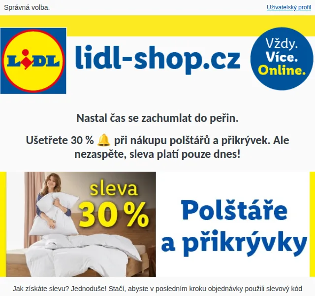 Lidl: Sleva 30 % na polštáře a přikrývky – červen 2026 | Nuslet.cz