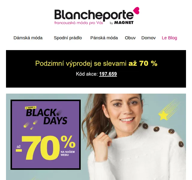 Blancheporte: svatomartinské slevy až 70 % na bílou módu – listopad 2026 | Nuslet.cz