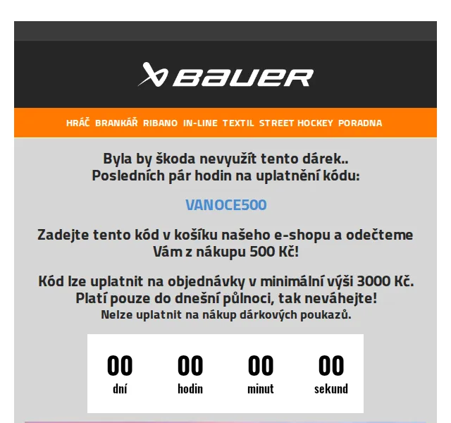 Bauer Hockey Česko: Sleva 500 Kč při nákupu nad 3000 Kč – červen 2026 | Nuslet.cz