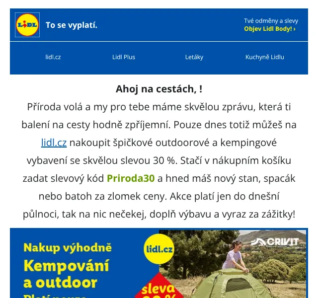 Lidl: 30 % sleva na camping a outdoor – červenec 2026
