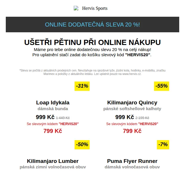 Hervis: Online dodatečná sleva 20 % – červen 2026 | Nuslet.cz