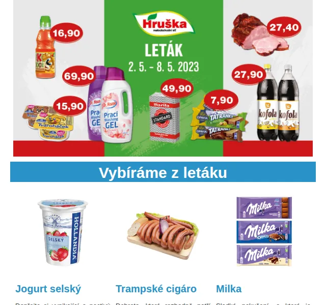 Váš HRUŠKA tým: leták s jogurtem, cigárem a Májkou – červen 2026 | Nuslet.cz