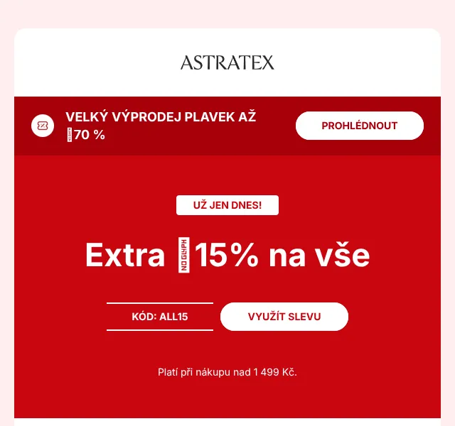 Astratex.cz: 15% sleva – slevový kód ALL15 – srpen 2026