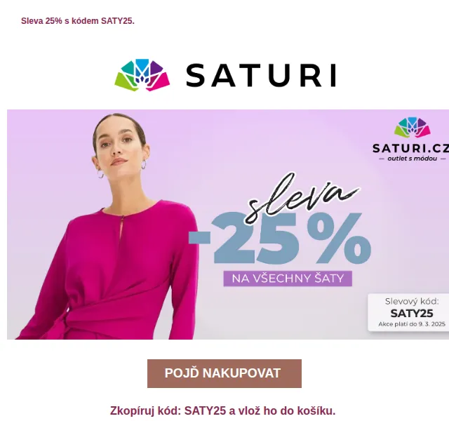 Saturi: 25% sleva na šaty – červen 2026 | Nuslet.cz