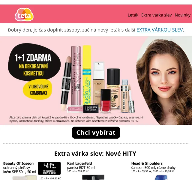 Teta drogerie: 1+1 zdarma na líčení, až -50 % – září 2026