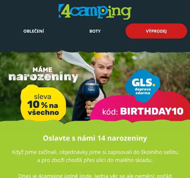 4camping.cz: slevový kód BIRTHDAY10 –10 % – září 2026