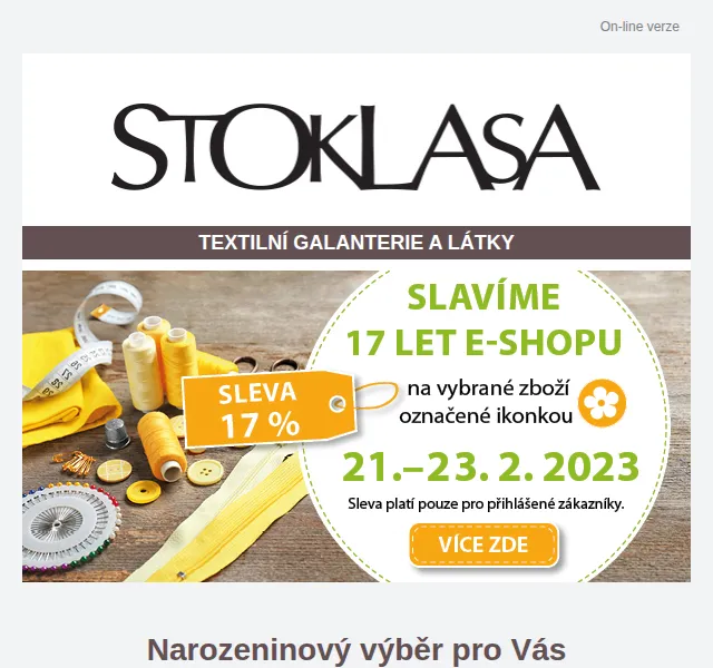 Stoklasa: Narozeninová sleva 17 % a výprodej až 30 % – červen 2026 | Nuslet.cz