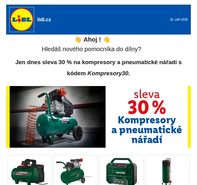 Lidl: Sleva 30 % na kompresory a pneumatické nářadí – září 2025 | Nuslet.cz