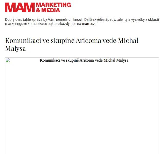 Marketing & Media: Michal Malysa novým šéfem komunikace Aricoma – červen 2026 | Nuslet.cz