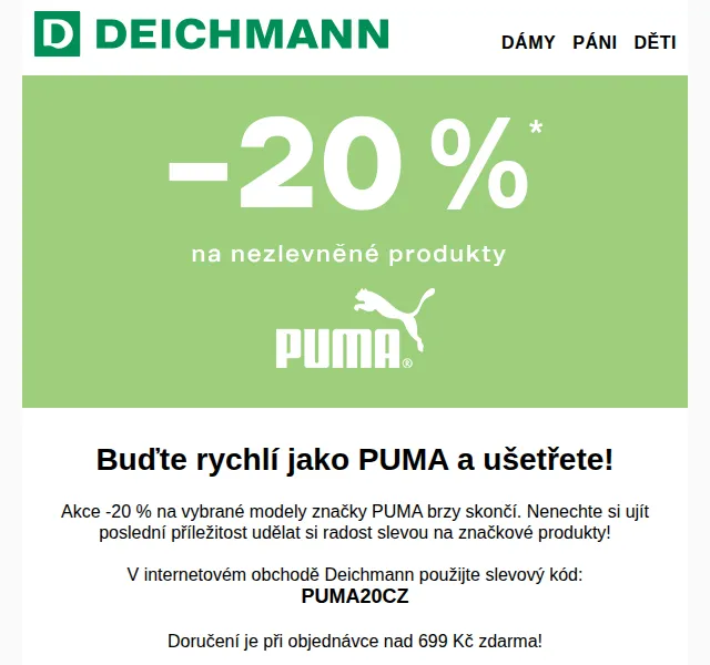 Deichmann: Sleva 20 % na PUMA – červen 2026 | Nuslet.cz