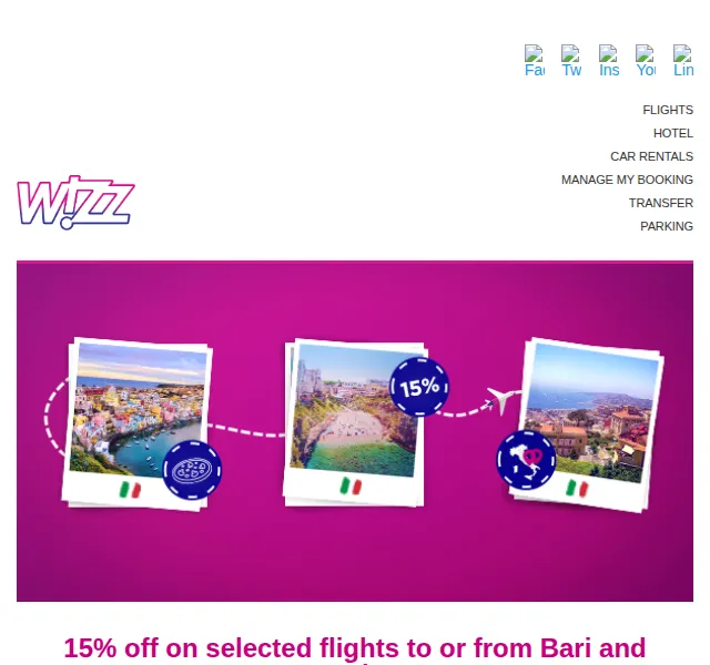 Wizz Air: 15% sleva na letenky do Bari a Neapole – červenec 2026 | Nuslet.cz