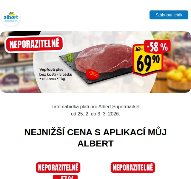 Albert: Vepřová plec za 69,90 Kč/kg, Dalamánek 4,90 Kč – březen 2026 | Nuslet.cz
