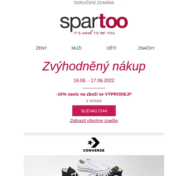 Spartoo: -60% a -10% navíc na Converse, Levi's – červen 2026 | Nuslet.cz
