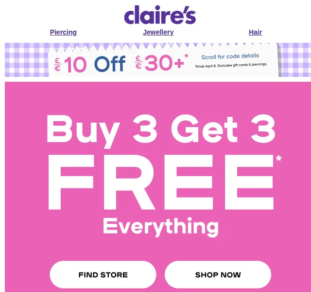 Claire's: sleva 10 £ na nákup nad 30 £ – červenec 2026 | Nuslet.cz