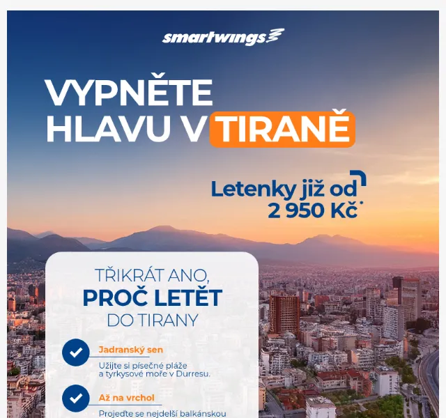 Smartwings: Letenky do Tirany od 2 950 Kč – září 2026