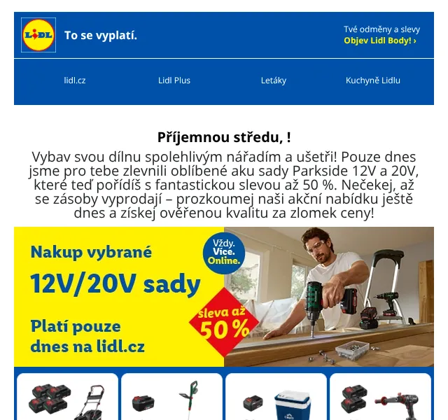 Lidl Plus: Parkside 12V/20V sady – sleva až 50 % – srpen 2026