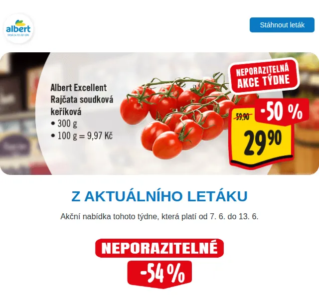 Albert: Rajčata keříková s 50% slevou a další akce – červenec 2026 | Nuslet.cz