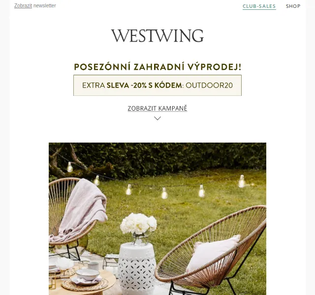 Westwing: Zahradní výprodej s kódem -20 % – červenec 2026 | Nuslet.cz
