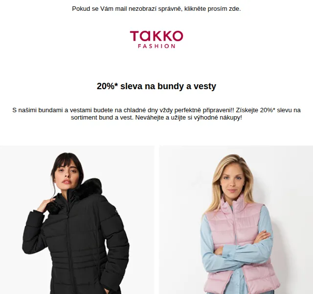 Takko Fashion: 20% sleva na bundy a vesty – červen 2026 | Nuslet.cz