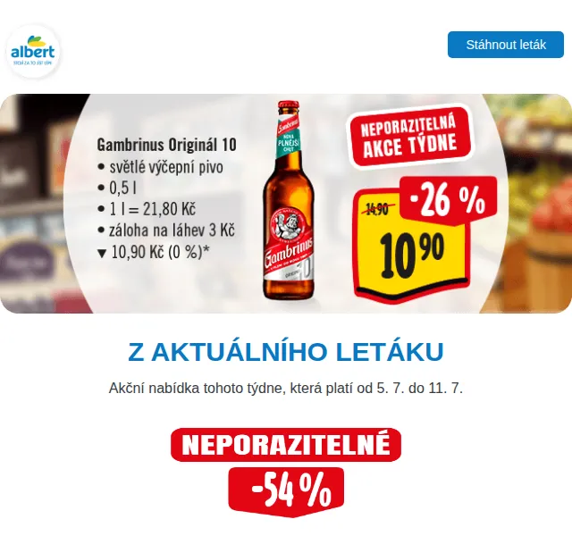 Albert: Gambrinus za 10,90 Kč, vepřová plec od 89,90 Kč – červenec 2026 | Nuslet.cz