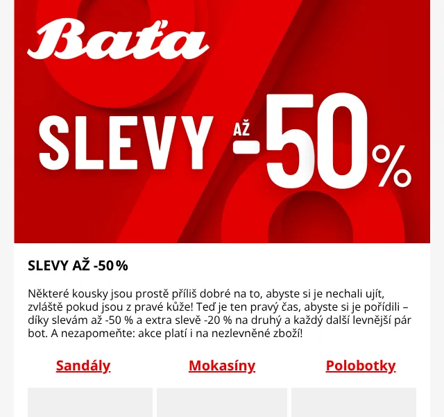 Baťa: kůže slevy až -50 % + EXTRA -20 % – červenec 2026