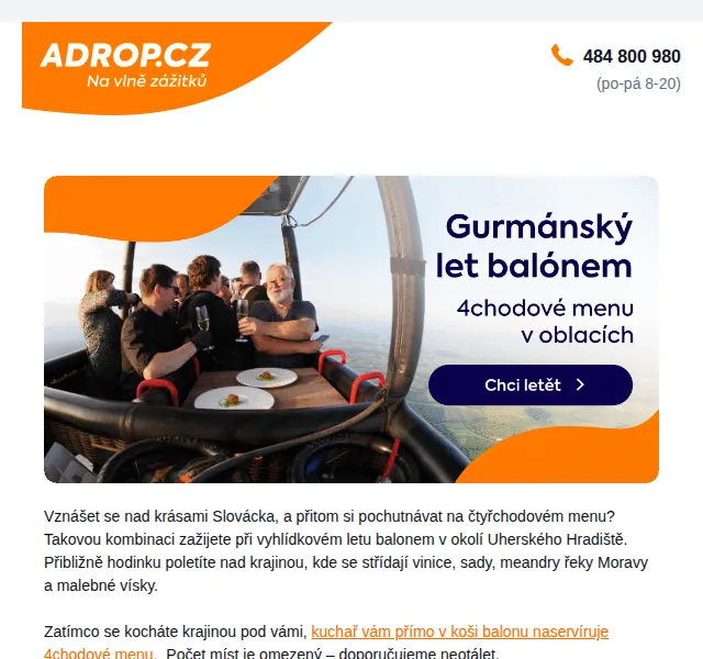 Adrop.cz: Gurmánský let balonem od 5 000 Kč – červenec 2026 | Nuslet.cz