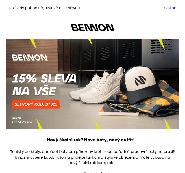 Bennon: -15 % na obuv a oblečení – slevový kód srpen 2026