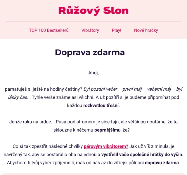 Růžový Slon: Doprava zdarma na vibrátory – Květen 2026