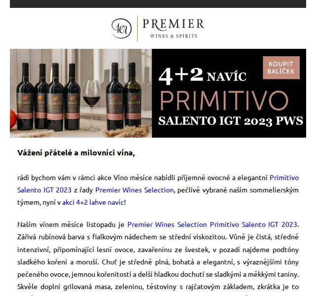 Premier Wines & Spirits: Primitivo Salento IGT 2023 v akci 4+2 – červenec 2026 | Nuslet.cz