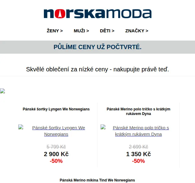 Norskamoda: Půlíme ceny počtvrté – slevy až 50 % na módu | červen 2026 | Nuslet.cz