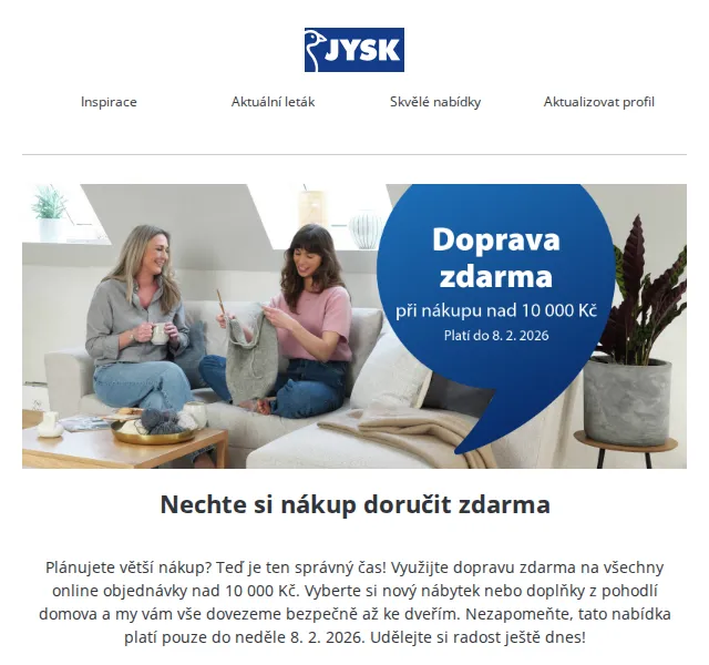 JYSK: Doprava zdarma na nábyteknad 10 000 Kč – duben 2026